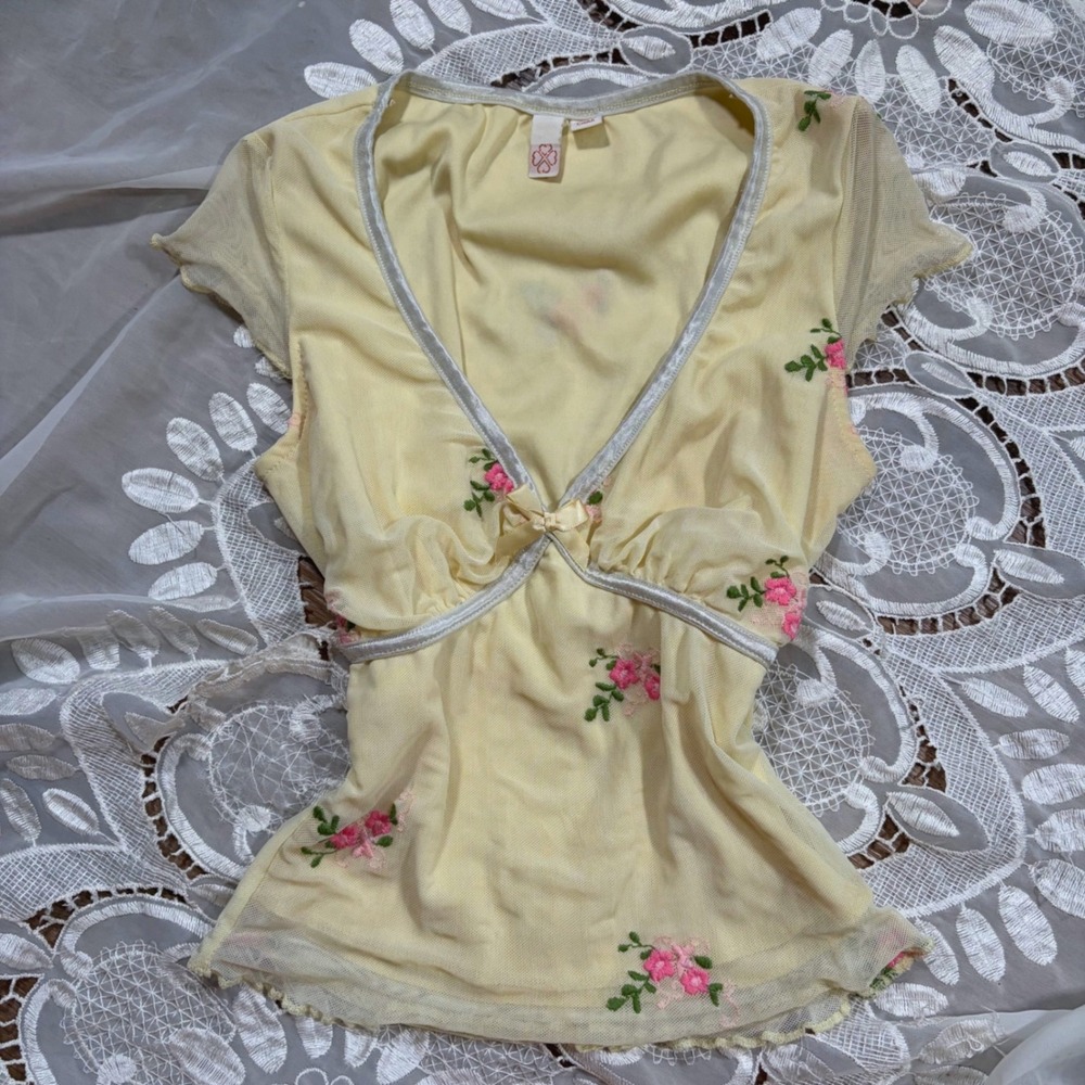 Y2K Babydoll Yellow Floral Embroidered Mesh Top XS